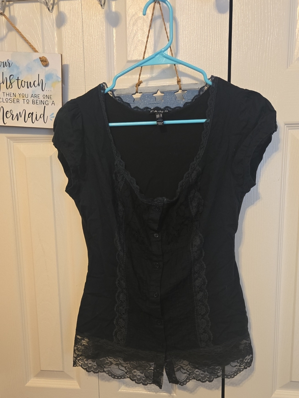 FANG Black Lace-Trim Button Front Blouse